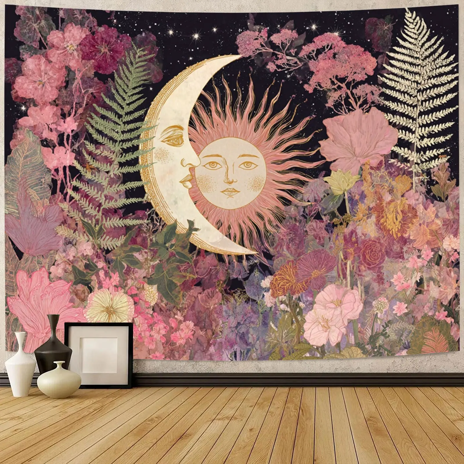Sun and Moon Tapestry Vintage Bohemian Wall Hanging Floral Sun and Moon Dreamlike Intertwined Scene Tapestry Wall Hanging Digita