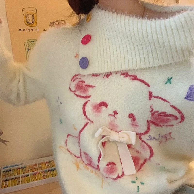 Super Soft Plush Winter Sweater Coat for Girls Cute Rabbit Y2K Printed Lapel Turtleneck Thicken Pullover Women Kawaii Clothes