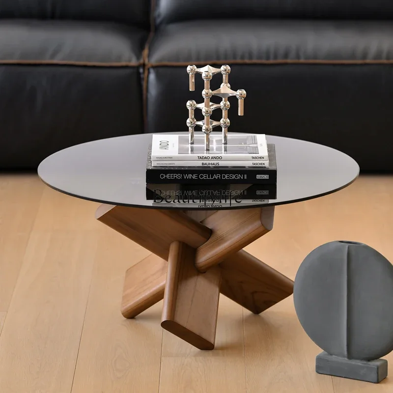 LD33Nordic Simple Silent Teak Solid Wood Glass Coffee Table Living Room round Side Table