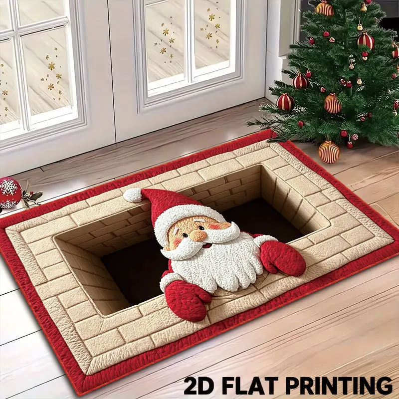 VIKAMA 3D Chimney Hole Santa Face Red Mittens Rectangle Door Mat, Non Slip Absorbent Soft Plush Mat Front Door, Xmas Decor Gift