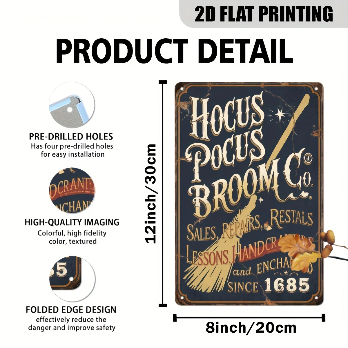 2D Flat 1PC Hocus Pocus Broom Co Metal Wall Sign, Broomstick Graphic, Pre-Drilled, Rustic Farmhouse Decor for Home Kitchen Offic