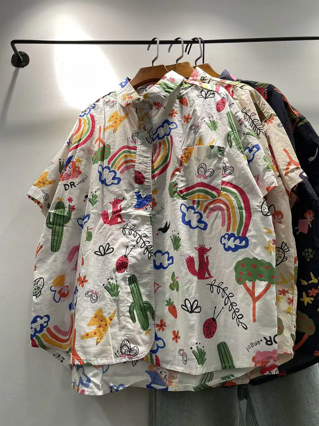 

Summer 2026 Women's Korean Style Loose Fit Short Sleeve Pure Cotton Printed Shirt Rainbow Print Turn-down Collar Single Button