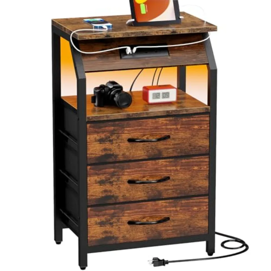 

Прикроватная тумбочка с зарядной станцией, LED-подсветкой и тканевым отсеком для хранения, ретро-столик для спальни