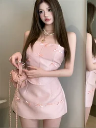 Sweet Girl Cute Bow 2 Pieces Pink Sets Women New Spring Summer Fashion Two Pieces Short Corset Vest Top&Mini A Line Skirt Sets