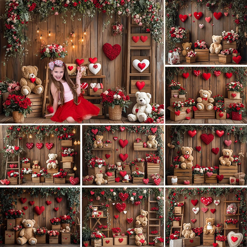 

LS February 14 Valentine's Day Photography Background Wooden Wall Love Rose Bear Decor Kids Adult Portrait Photo Backdrop Studio