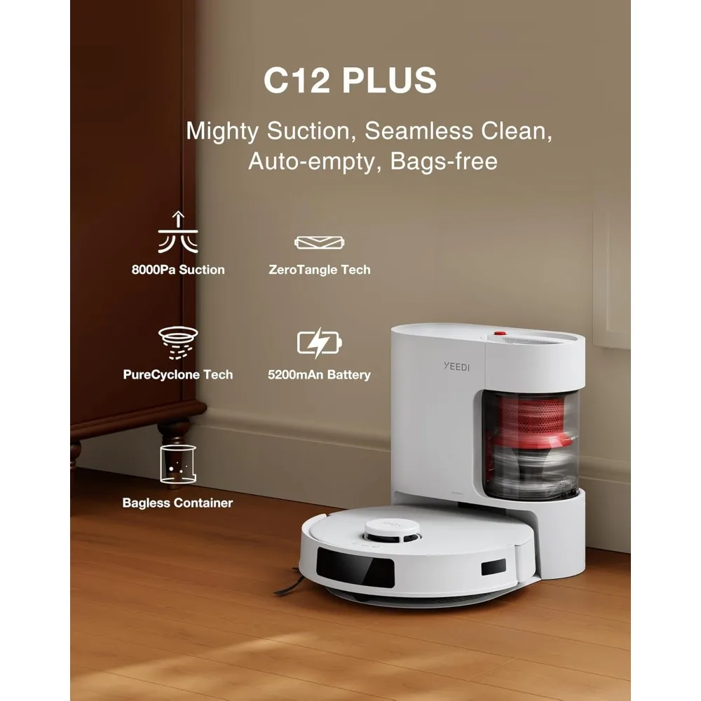 C12 Plus Robot Vacuum and Mop, 8000Pa Strong Suction, 7-Week Dust Storage, Bagless Dust Bin, PureCyclone Tech, ZeroTangle Brush