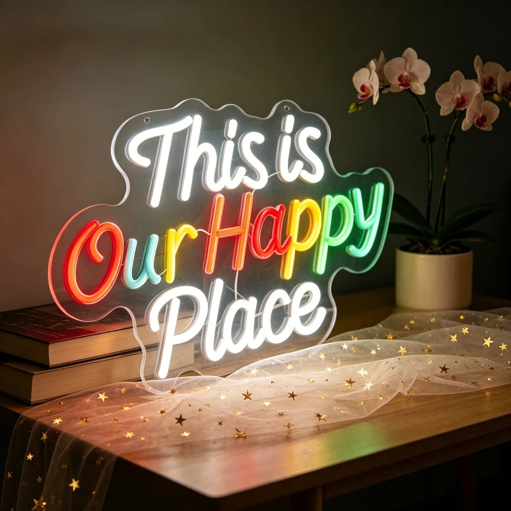 Happy Place Neon Sign LED Wall Art Lighting This Is Our Happy Place Decor for Bedroom Living Room Nursery Dorm Room Gift