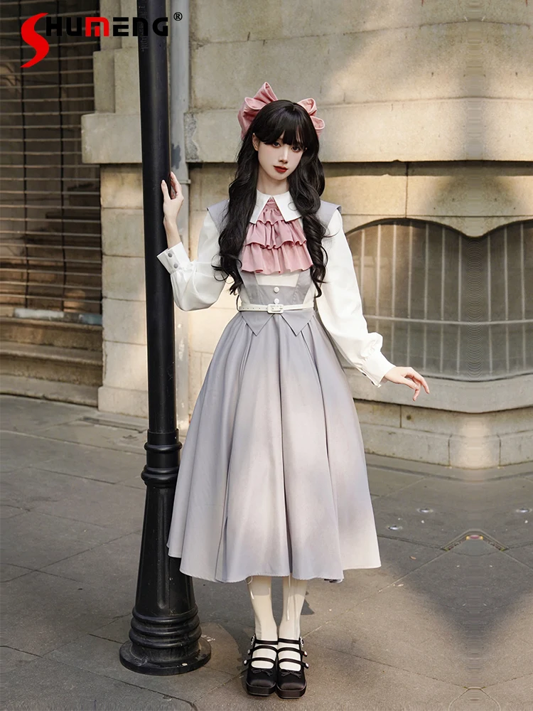 

Japanese Sweet Preppy Style Turn Down Collar Bow Tie Brooch Long Sleeve High Waist Belt A-Line Big Swing Lolita Long Dress Women