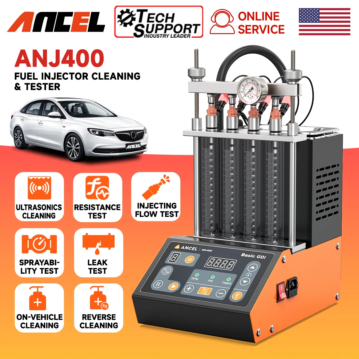 ANCEL ANJ400 GDI Fuel Injector Cleaner & Tester Auto Ultrasonic Injector Cleaning Machine 4 Cylinders EFI FEI Cleaner Test