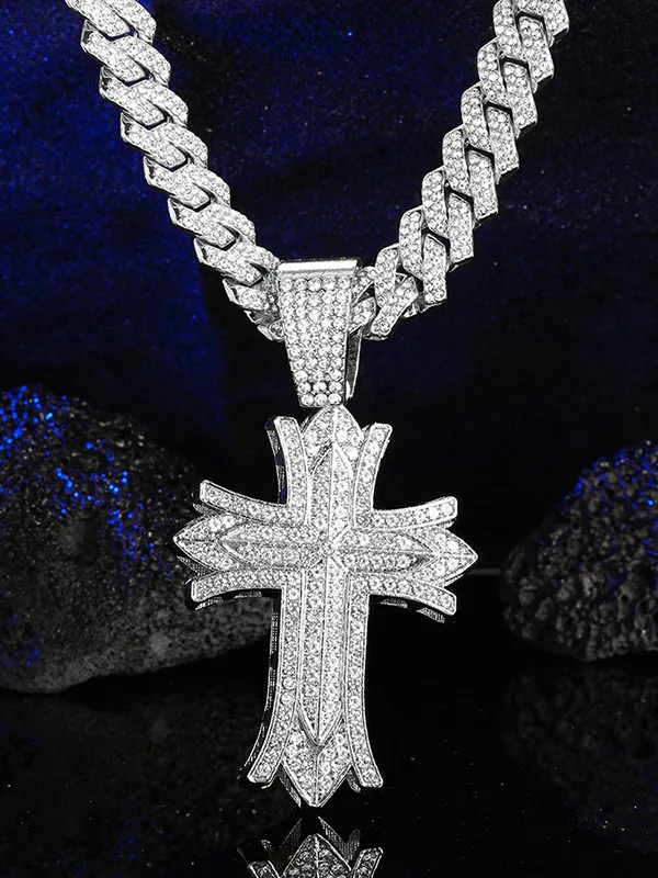 

Wholesale Spiritual Religious Silver Ice Out Moissanite Pendant Cross Gold Cuban Chain Necklace Jewelry For Mens