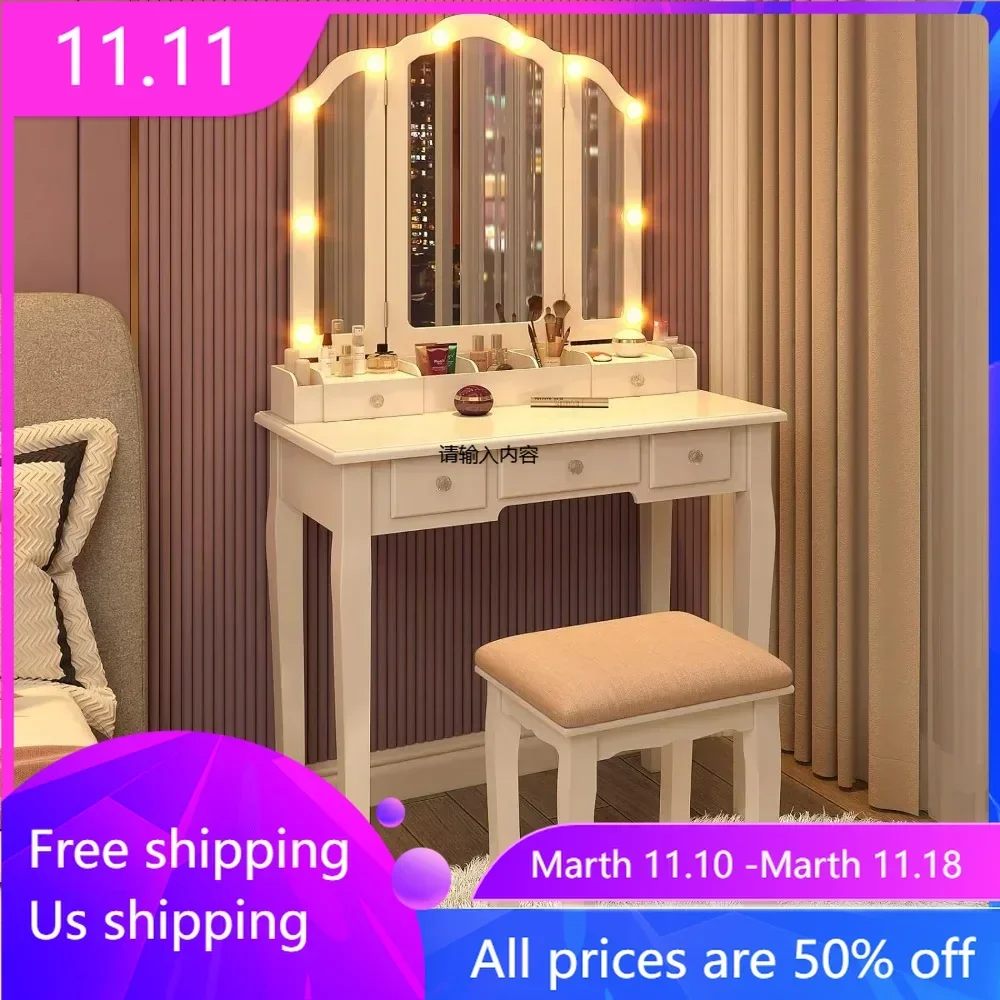 Makeup table set with mirror and illuminated makeup mirror, illuminated makeup table and chair, dressing table