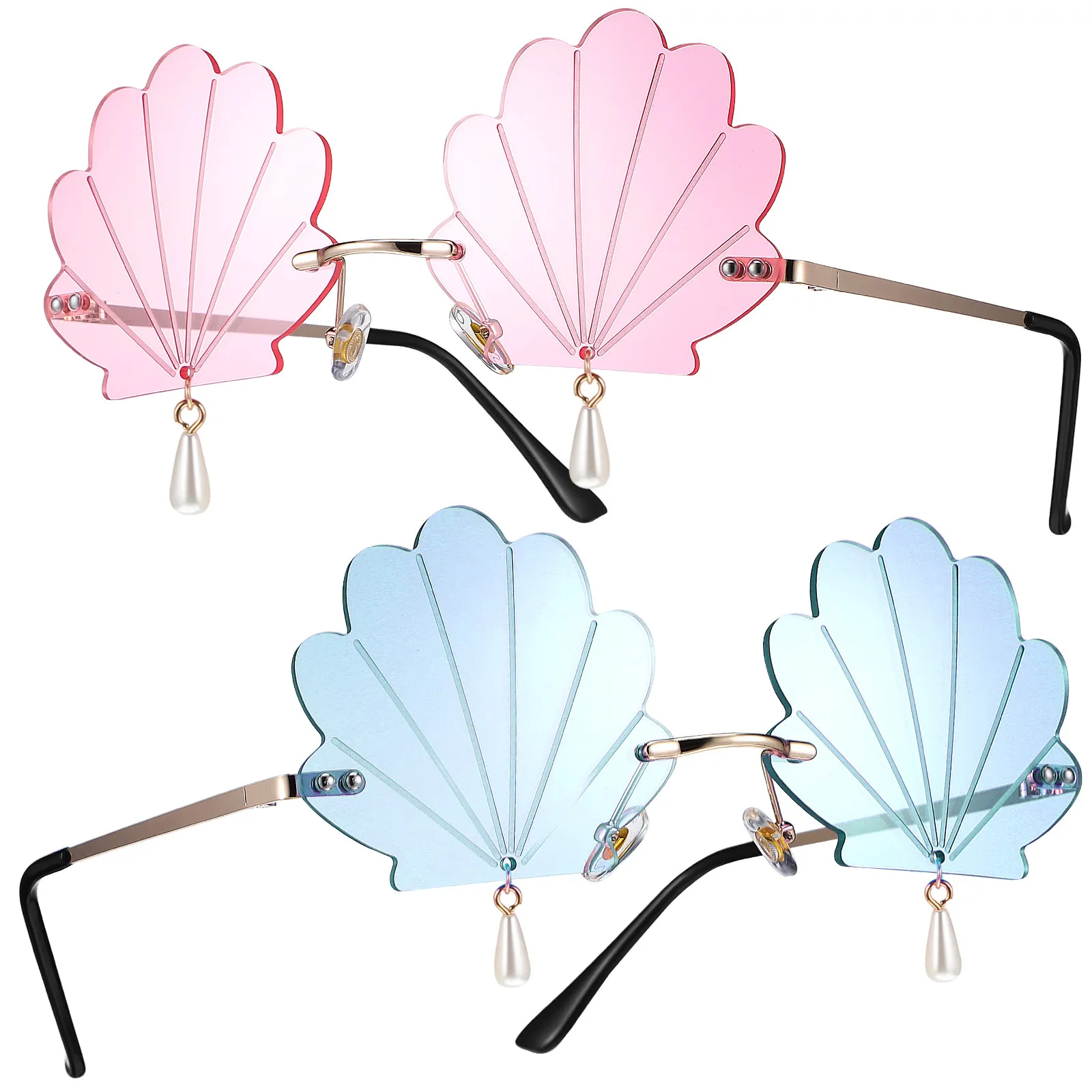 

2 пары солнцезащитных очков в форме ракушки для женщин, для вечеринок, дискотек, фестивалей, без оправы, с милым дизайном в виде подвески