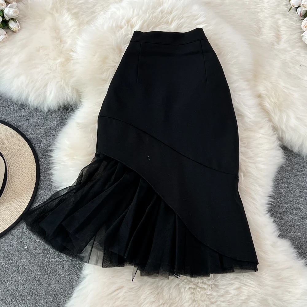 

Professional High Waist Bodycon Pencil Skirt Asymmetrical Mesh Fish Tail Midi Skirt