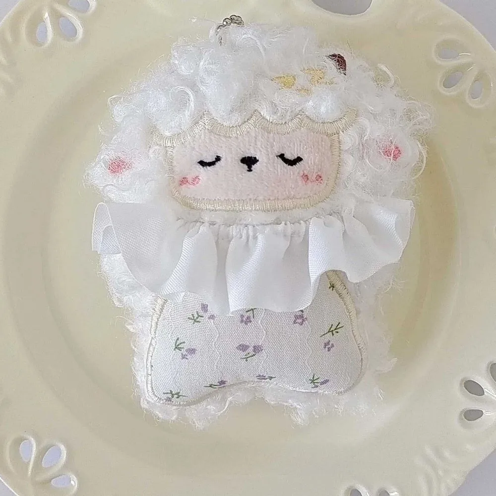 Zodiac Goat Curly-Haired Sheep Keychain Soft Stuffed Bag Charm Plush Sheep Doll Pendant Floral Ruffle Collar