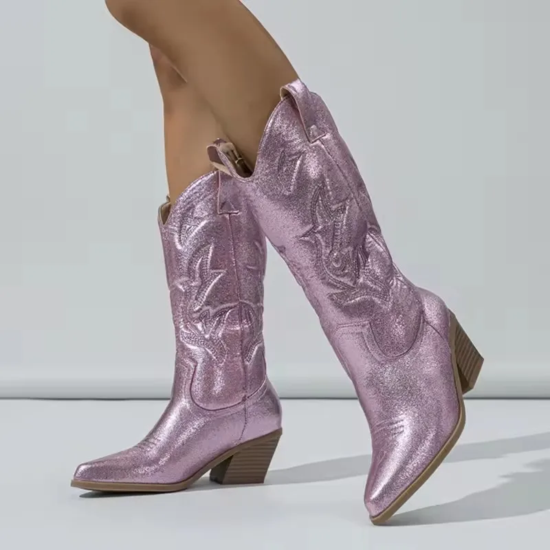 Liyke Designer Wine Red Leather Western Boots Woman Pointed Toe Autumn Winter Shoe Low Thick Heels Fashion Embroidery Ankle Boot - view 2