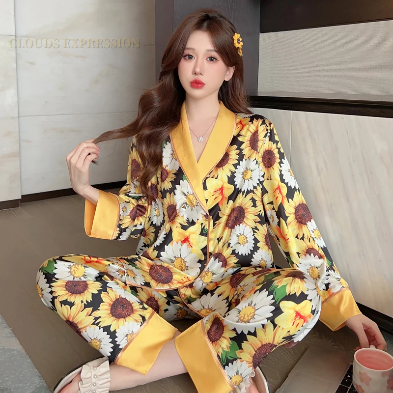 Spring Summer Ladies Faux Silk Polyester Elegant Pajama Sets Sexy Homewear Womens Casual Luxury Pajamas Pajamas Female Sleepwear