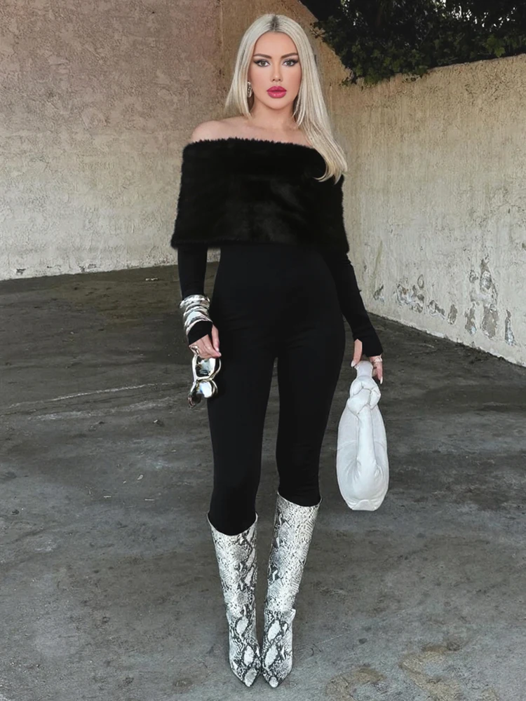 

Cutenew Furry Patchwork Jumpsuit Women Hipster Slash Neck Full Sleeve Sexy Winter Simple Stretch Skinny Street Club Overalls