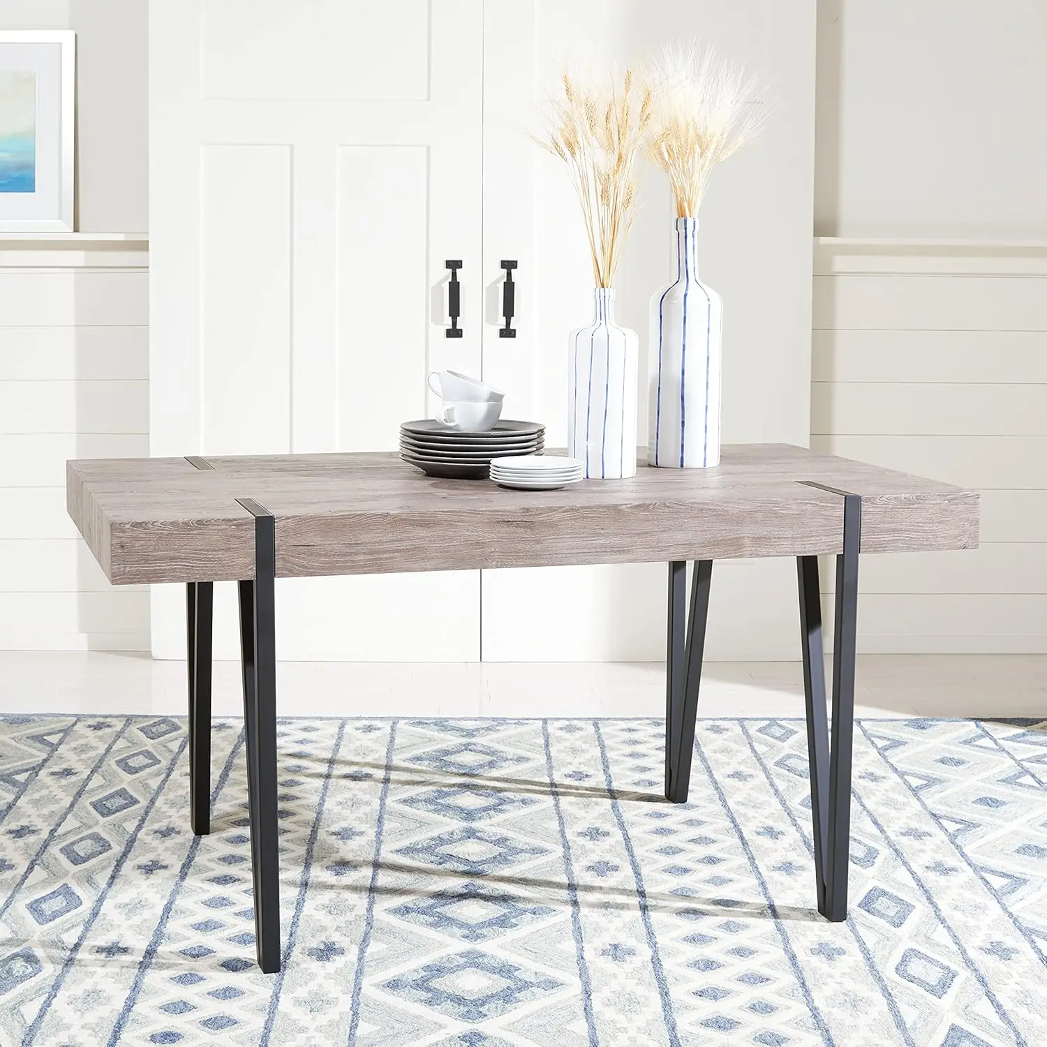 

Home Collection Mid-Century Rustic Industrial Grey Oak/Black Dining Room Table DTB7000C