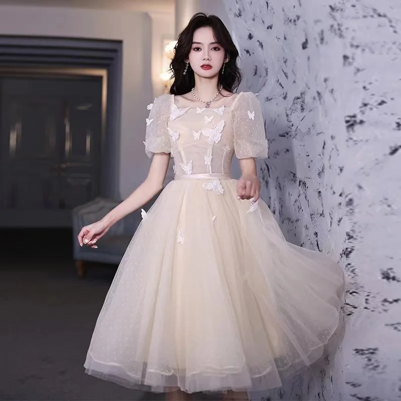 Elegant Appliques Butterfly Cheongsam Tight Banquet Dress Gown Chinese Evening Party Qipao Sexy Mesh Puff Sleeve Vestidos