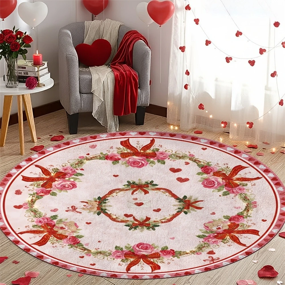 Cute Pink Floral Christmas Circular Area Rug Merry Christmas Letter Print Pink Ornament Tree Round Floor Mat Holiday Decor