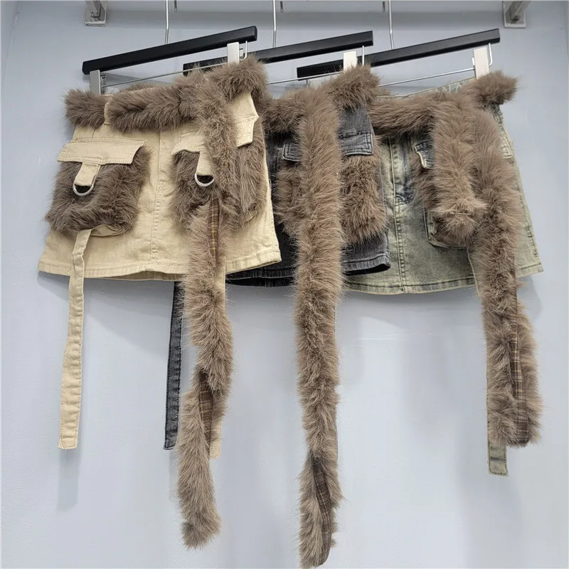 WTHT 2025 Winter Mode Nieuwe vrouwen Gesplitst Pluche Lint Cargo Denim Rokken Hoge Taille Wrap Hip Mini Rok Vrouwelijke 1LS 2760