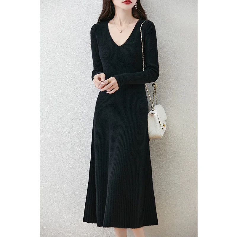 2024 Autunmn And Winter 100% Wool Knitted V-neck Dresses Hot Sale Sweaters Women Soft High Quality Ladies Jumpers Clothes