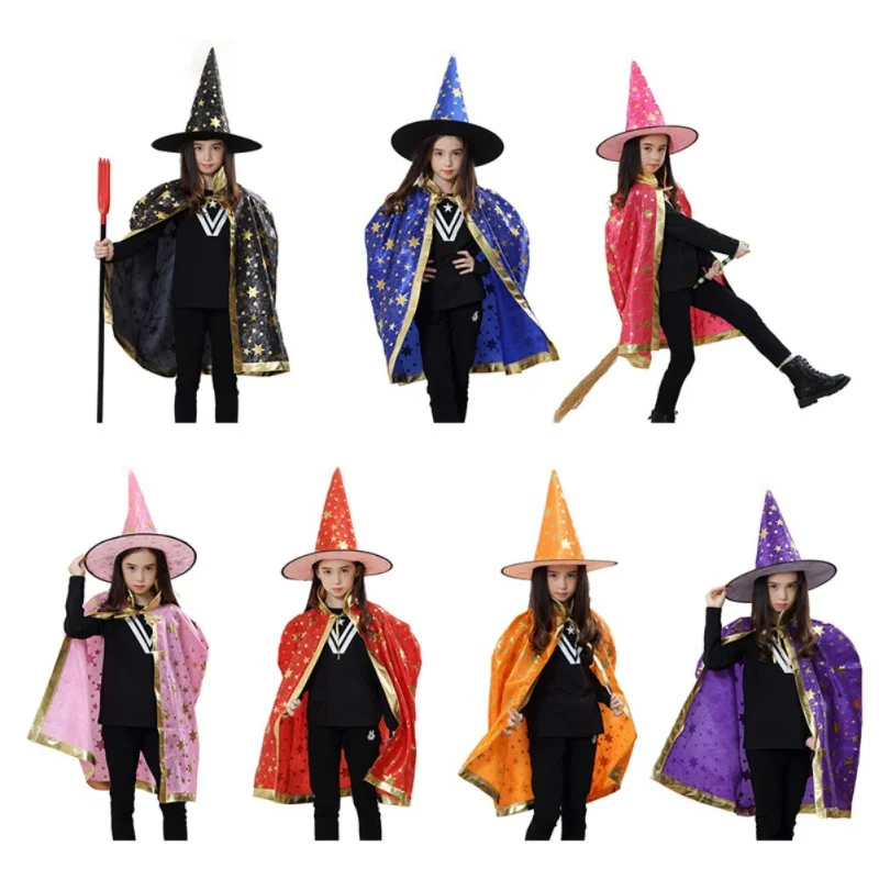 Children Cloak with Witch Hat Boys Girls Cosplay Costume Teens Black Purple Red Carnival Photography Props Kids Christmas Cape