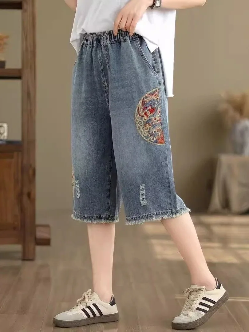 新しい中国風の刺繍スキニージーンズ女性の夏の薄いハイウエストルーズカジュアルワイドレッグパンツ 7-5 ブーツカット