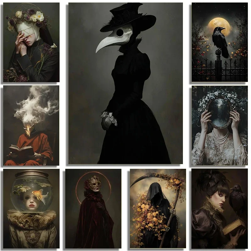 Retro Terror Dark Victorian Witch Canvas Print Gothic Spooky Crow Vampire Ghost Art Portrait Halloween Home Decor Wall Art