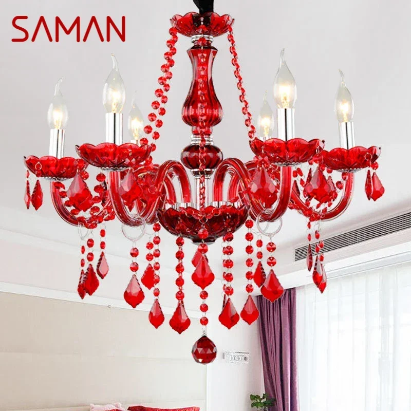 SAMAN European Luxury Crystal Pendent Lamp Red Wedding Room Living Room Restaurant Bedroom Villa Clothing Store KTV Chandelier