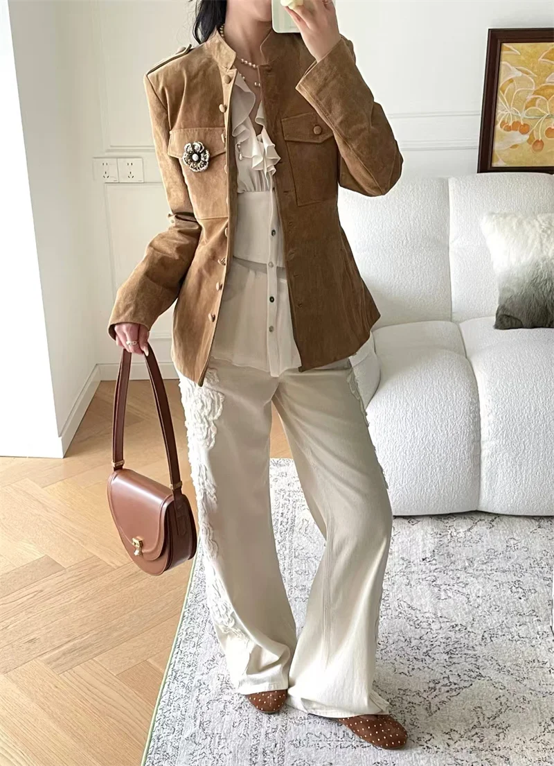 Guobioziy 2026 Women's Jacket Fall New Arrival Camel Long Sleeve Button-Decorated Slim Fit Parka Jacket Trendy and Stylish