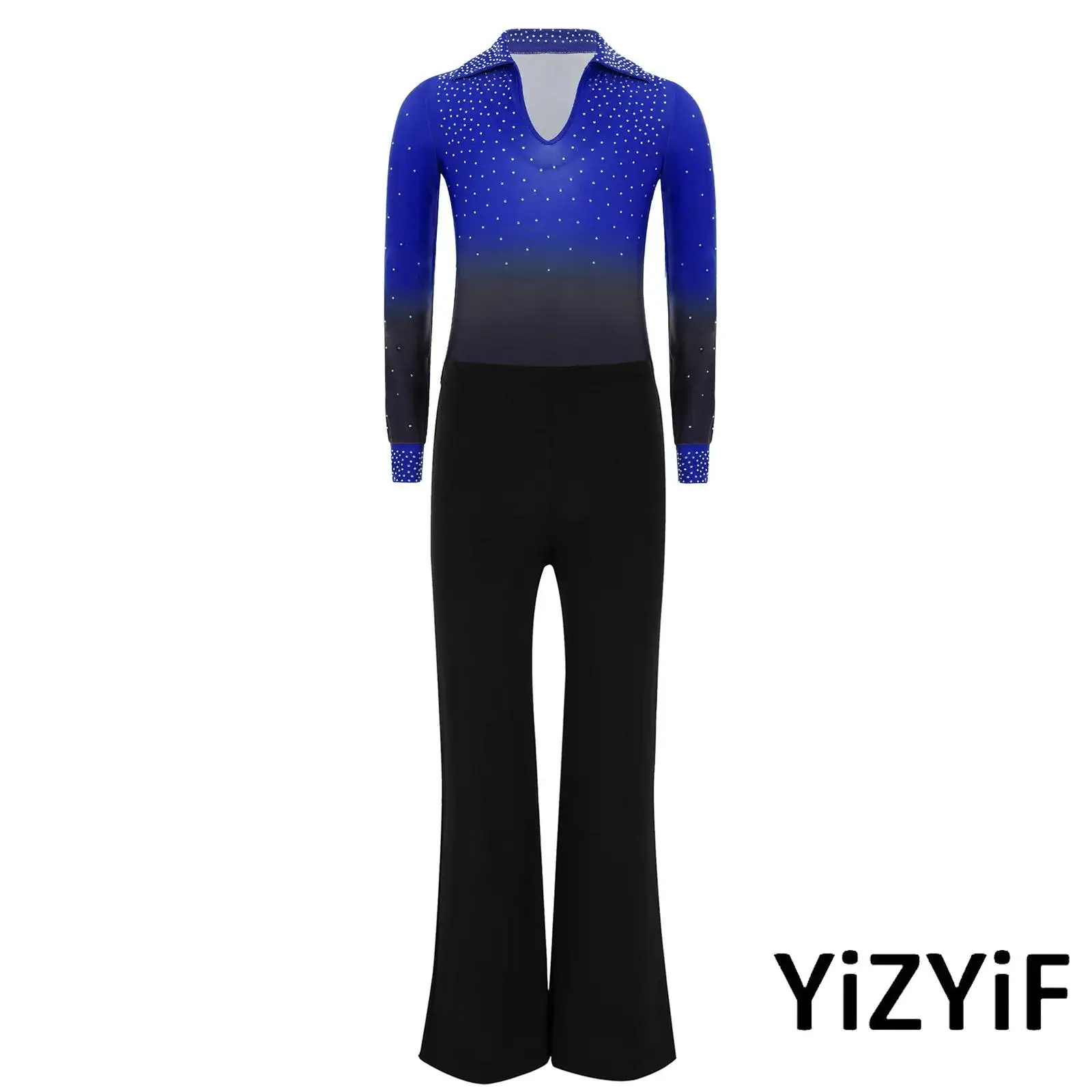 

2Pieces Kids Boys Jazz Latin Dance Costume Turn-Down Collar Long Sleeve Shiny Rhinestones Gradient Color Leotard with Pants Set