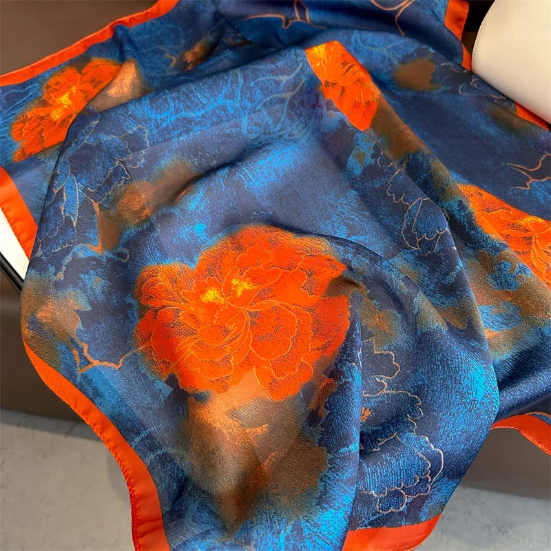 Women Vintage Printing 70X70cm Square Silk Scarf For 2024 New Spring Summer Lady Kerchief Luxury Hijab Hairband Foulard Ribbon