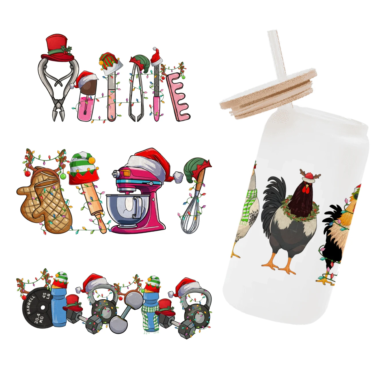 Christmas Animal Car Design UV DTF Printed Wrap Sticker for Cup Glass Can Durable Waterproof 11x24cm 16oz Sticker