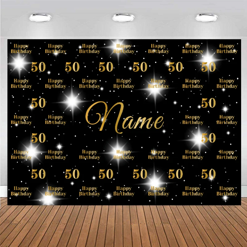 

50th Backdrop Name Personalized Photocall 50 Years Birthday Man Women Party Decorations Banner Stars Black Gold Photo Background