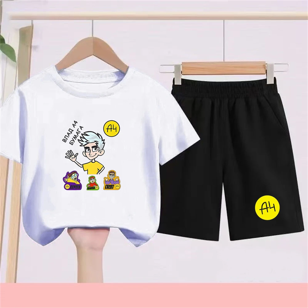 Merch A4 Summer Boy Black Girl Red Cool Clothes T-shirt+shorts Sets Print T-shirt Short Tops Casual Tees Kids Vlad A4 Anime