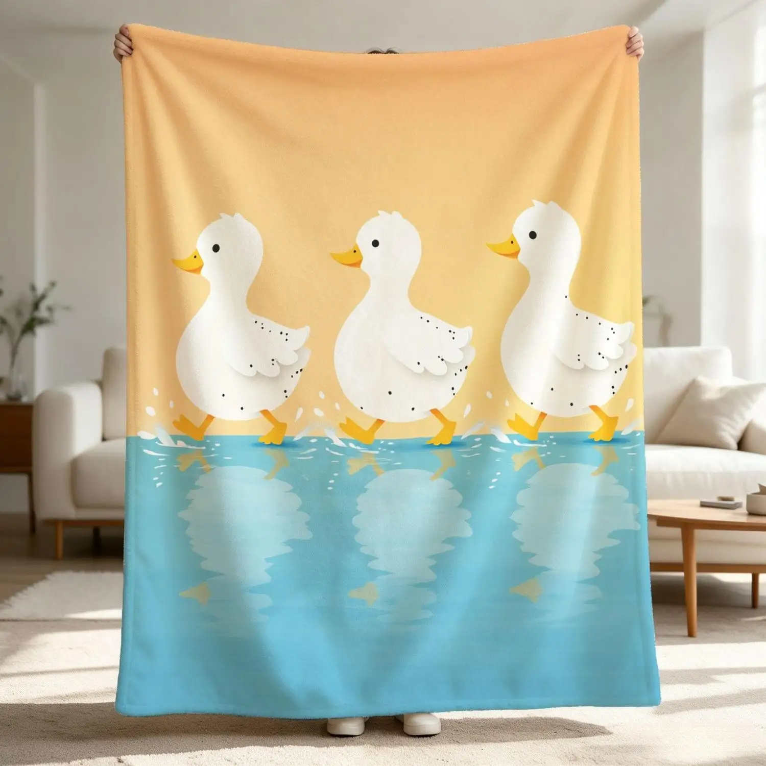 [Flannel Blanket] Cute Blanket with Three Little Ducks Pattern, Cartoon Water Splash Decoration, Gift for Duck Enthusiasts