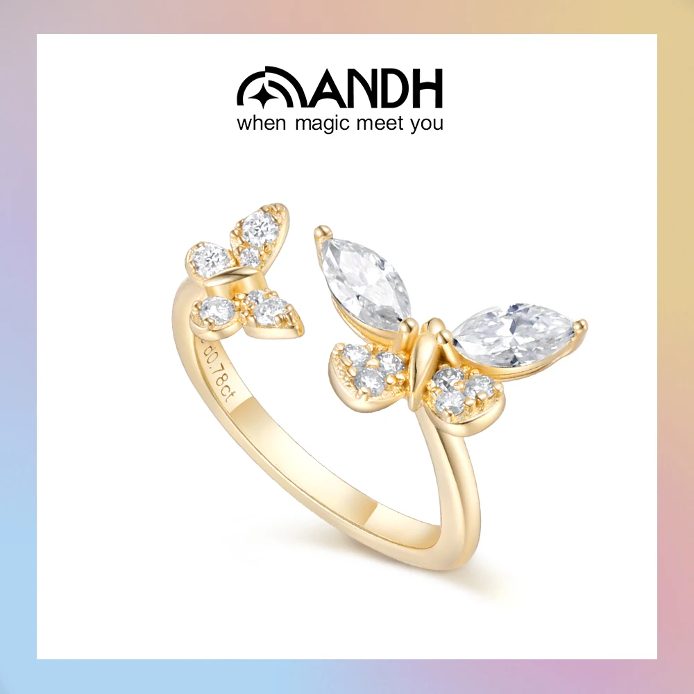 

ANDH Moissanite Butterfly Open Ring for Women Adjustable 925 Silver Gold Plated Birthday Valentines Anniversary Mothers Day Gift