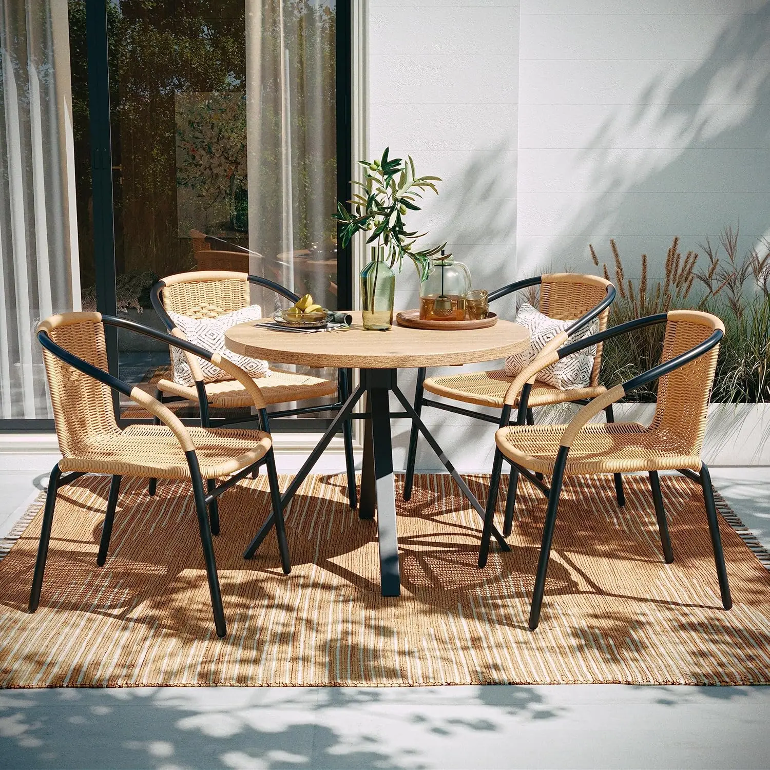 

EMMA + OLIVER 4 Pack Beige Rattan Indoor-Outdoor Restaurant Stack Chair with Curved Back
