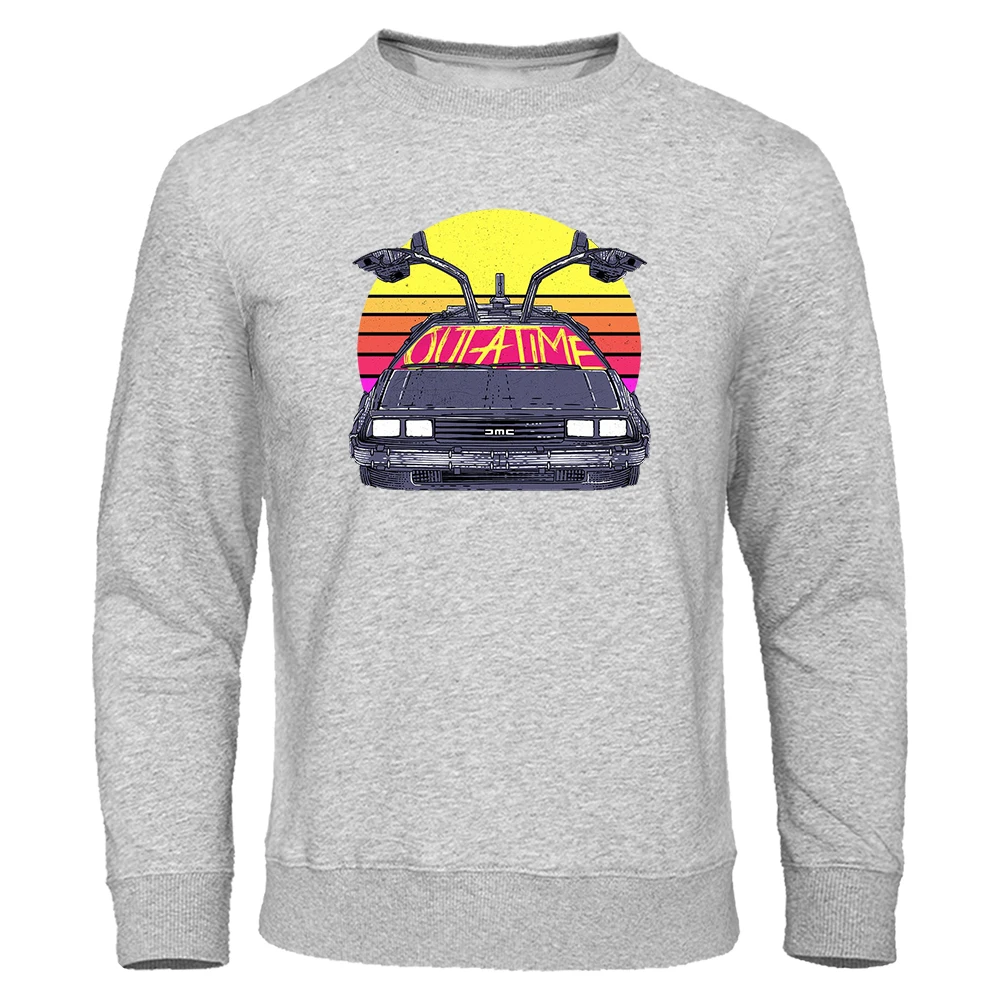 Back To The Future Car At Sunset Print Men Sweatshirt Fleece Loose Hoodie Pattern O-Neck Clothing Loose Hip Hop Male Pullover