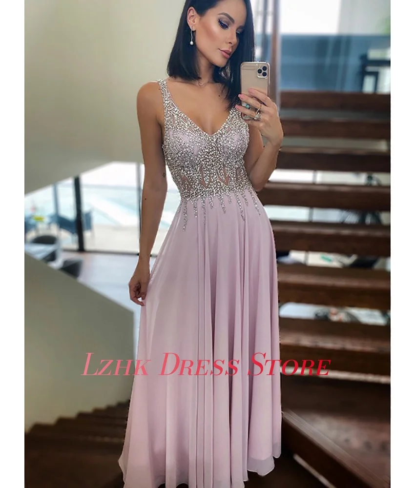 Aangepaste Luxe Chiffon A-lijn Kristal Spaghettibandjes Avondjurk Mode Lieverd Mouwloos فسات dhás namiة