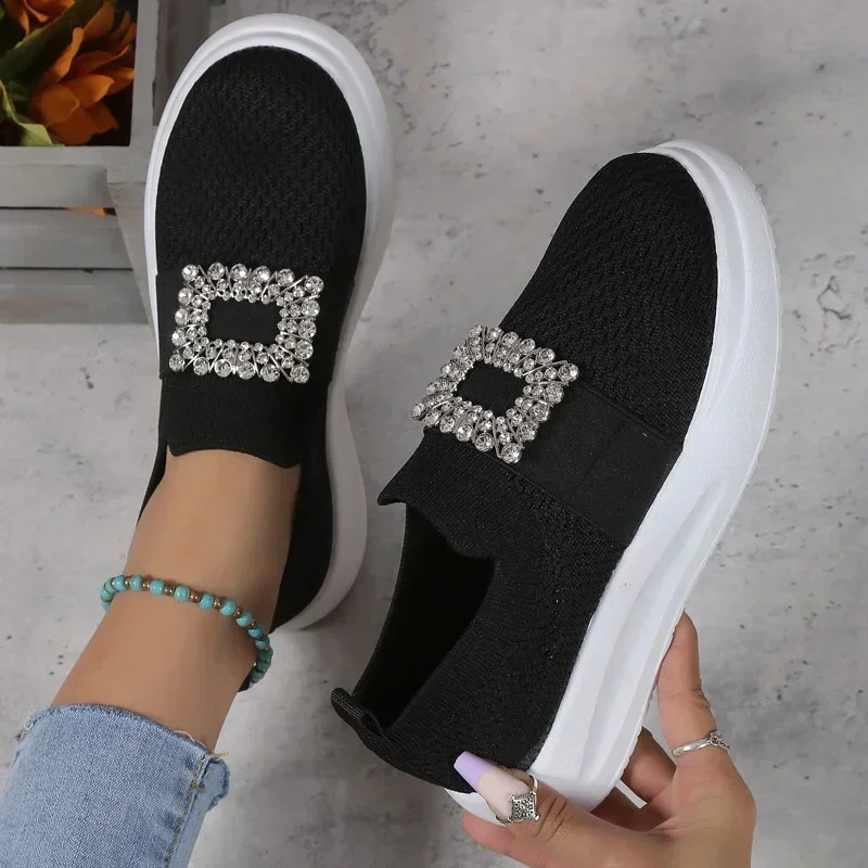 Breathable Single Shoes for Women with Low Top Square Buckle Rhinestone Sleeve Ootboard Shoes for Women with Low Top 2024