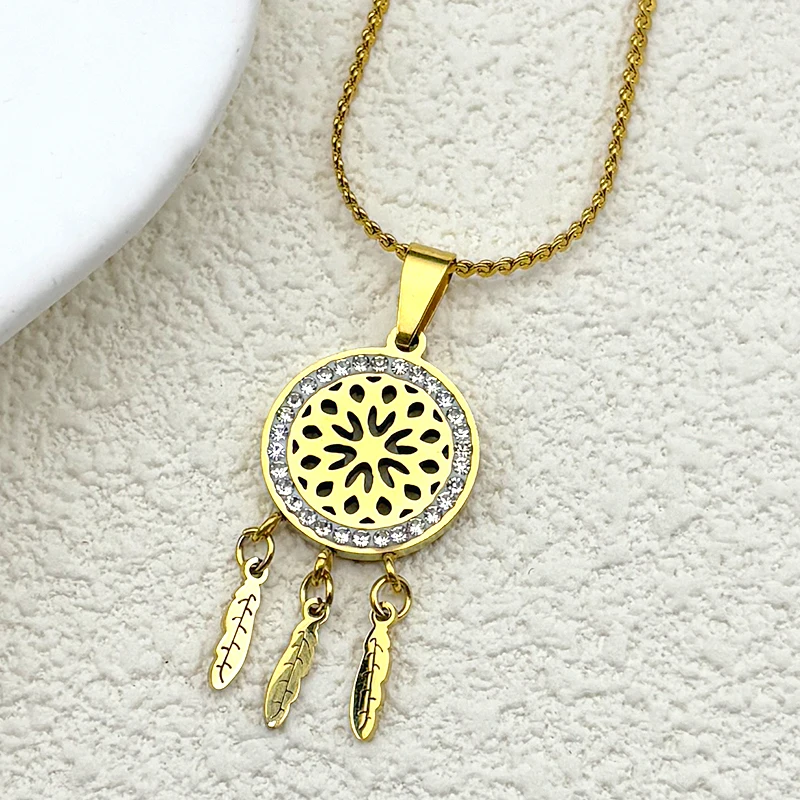 Crystal Dream Catcher Feather Tassel Pendant Necklace for Women Girls Stainless Steel Gold Color Flower of Life Jewelry Gift