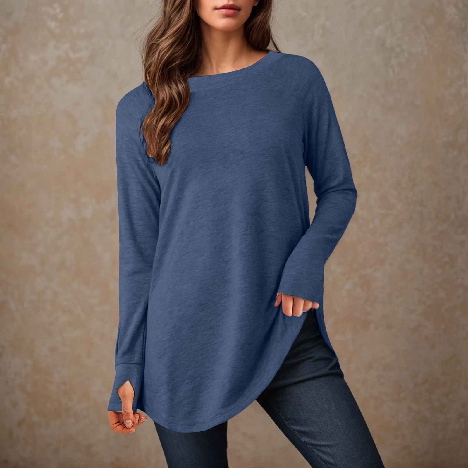 Ladies Long Sleeve T Shirt Womens Tunic Tops To Wear With Leggings Long Sleeve Thumb Hole Shirts Crew Neck Camisas E Blusas