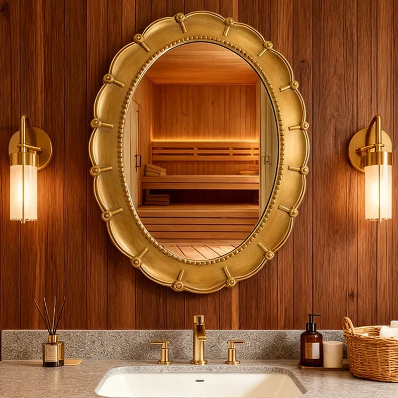 French retro bathroom mirror with lamp oval villa decorative mirror wall hanging creative special-shaped makeup mirror