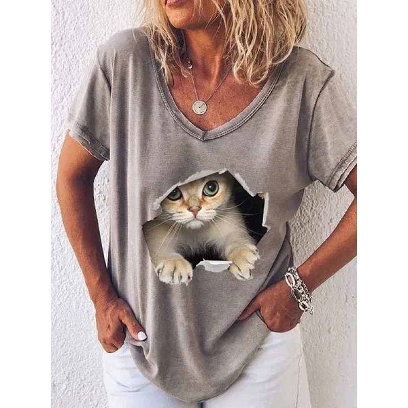 Fashion Woman Blouses T-shirt For Women\'s 3D Cats Printed Black Kawaii V-neck T Shirt Female Clothing Oversized Summer Tops Tees