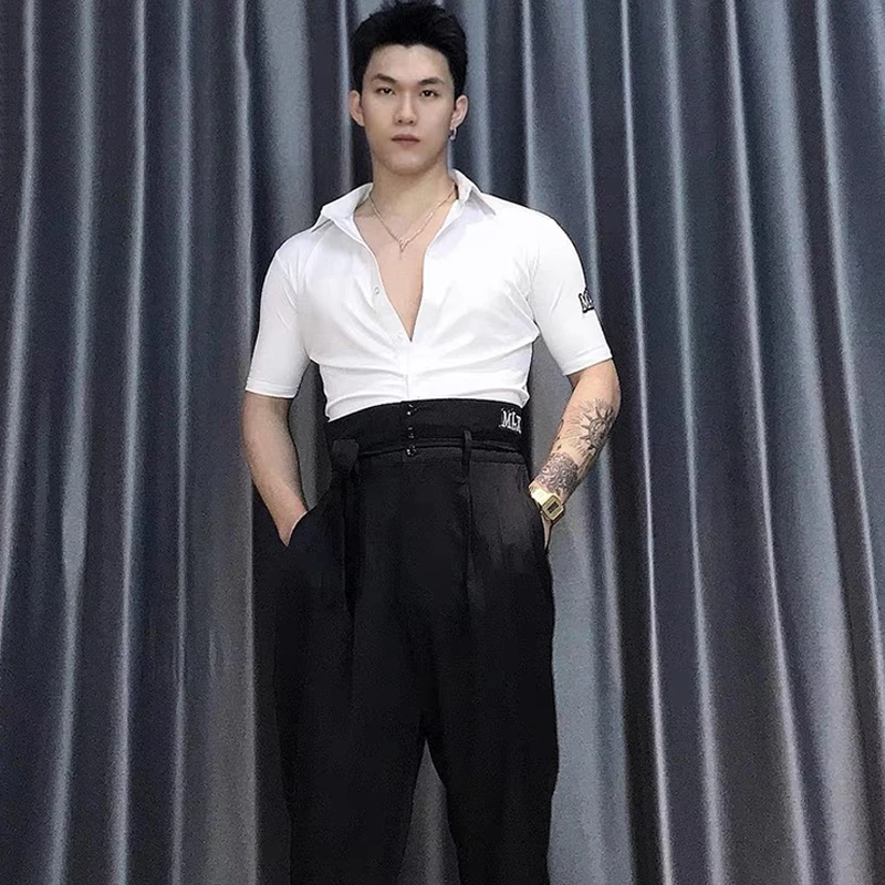 Hauts de danse latine pour hommes, chemises à manches courtes et col en v, robe Chacha Rumba Tango, vêtements de pratique latine pour salle de bal, nouvelle collection, DQS13243