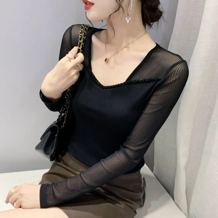 

Модный длинный облегающий топ-футболка для женщин, сексуальный, с V-образным вырезом, базовая одежда, для осени и зимы, трендовый уличный стиль