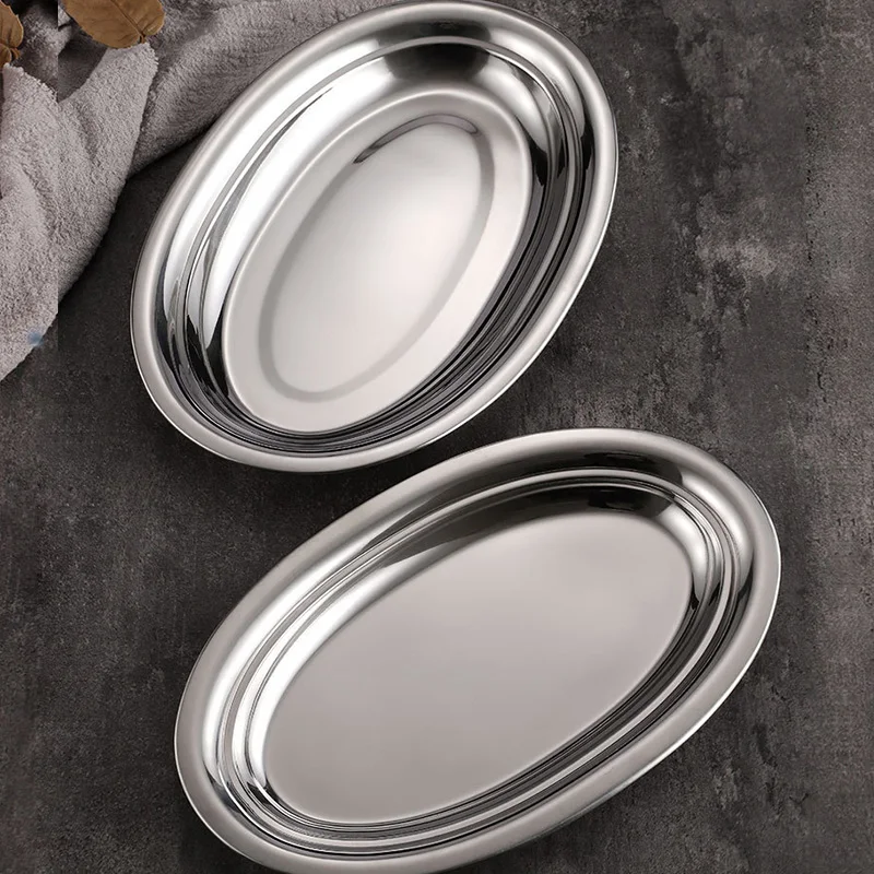 1 Pcs Korean Style Stainless Steel Oval Shaped Plate Steamed Fish Tray BBQ Rice Roll Dinner Dish