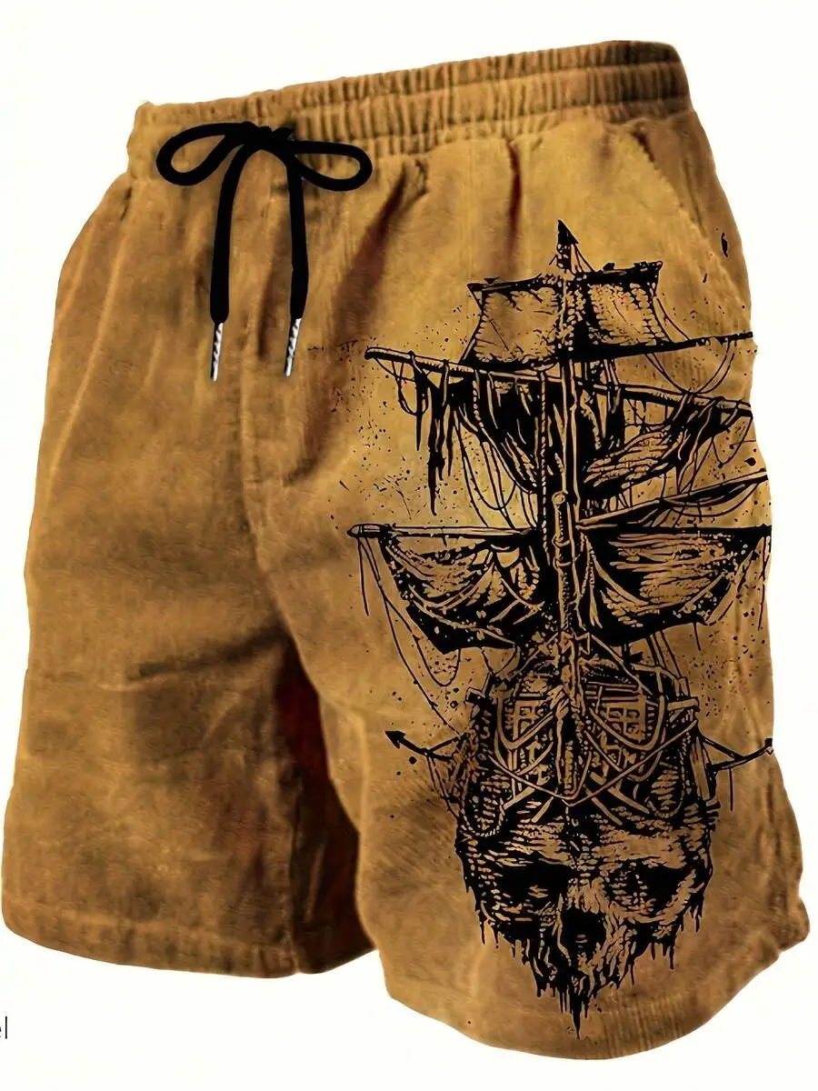 

Skull And Ship Print Mens Beach Shorts Lightweight Polyester Swim Trunks With Drawstring